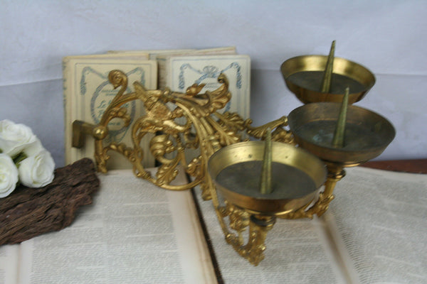 19th c French GOTHIC DRAGONS Chimaera XL Church candle holders sconce 3 arms