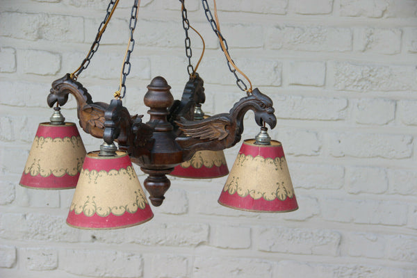 Antique German black forest wood carved griffin bird gothic 4 arm chandelier