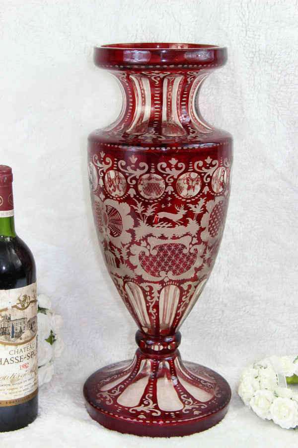 Huge Bohemian Czech crystall art glass etched Hunting dog deer ruby red vase