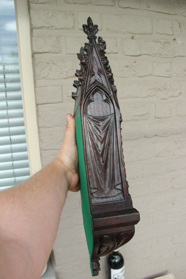 Large French neo gothic wood carved religious chapel console madonna statue