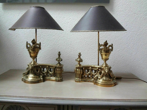 PAIR antique Bronze empire fireplace andirons lion heads mounted table lamps