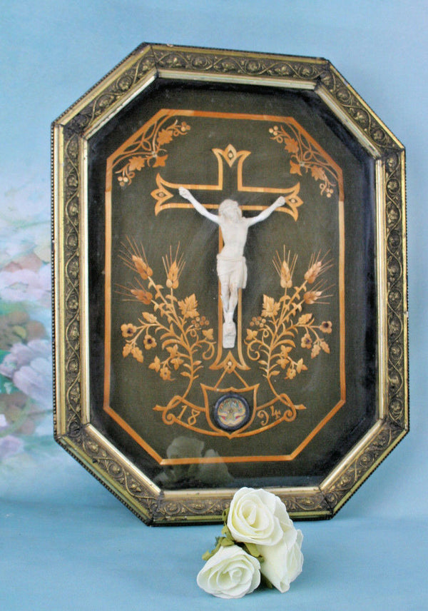 Antique 19th religious Crucifix framed with relic religious