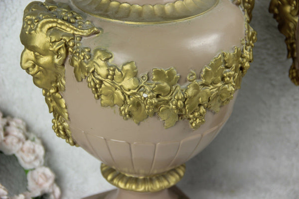 PAIR antique art deco 1920 Chalkware satyr heads Cassolette Vases urns