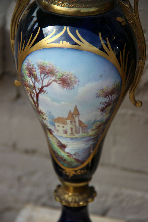 PAIR antique French Sevres porcelain Cobalt blue Vases romantic victorian scene
