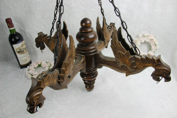 Vintage French Castle gothic 4 Dragon arms Wood carved chandelier pendant