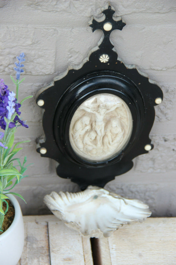 Antique French napoleon III meerschaum religious wood carved holy water font