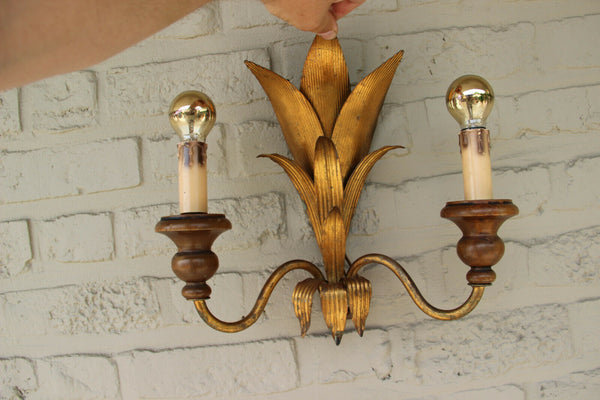 Hollywood regency PAIR Metal gold gilt wood wall lights sconces attr. jansen