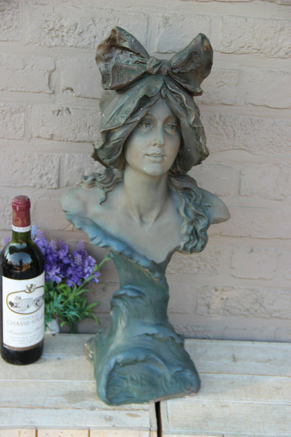 XL Antique french terracotta Art nouveau Lady Bust Statue sculpture marked