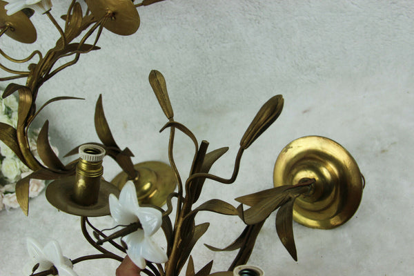 PAIR large antique french religious church brass opaline lily flower sconces