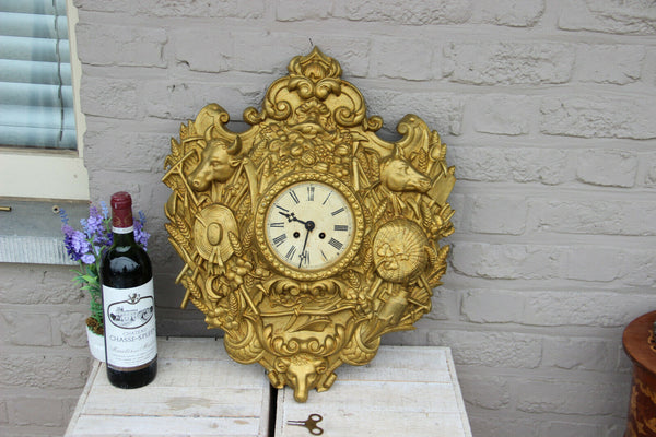 Antique Cast iron Farm animals Horse cow goat wheat gold gilt wall clock rare