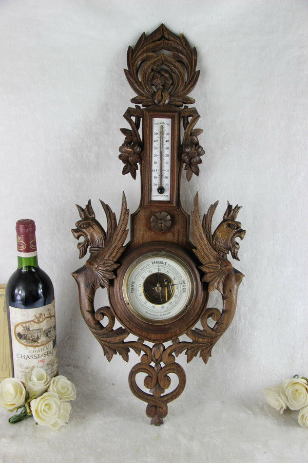 Antique wood carved black forest cut Dragon gothic barometer Figurines
