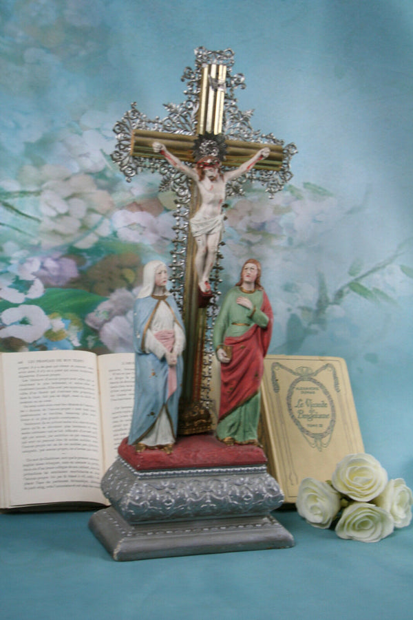 Antique  french Stoneware chalkware Crucifix calvary Mother mary magdalena
