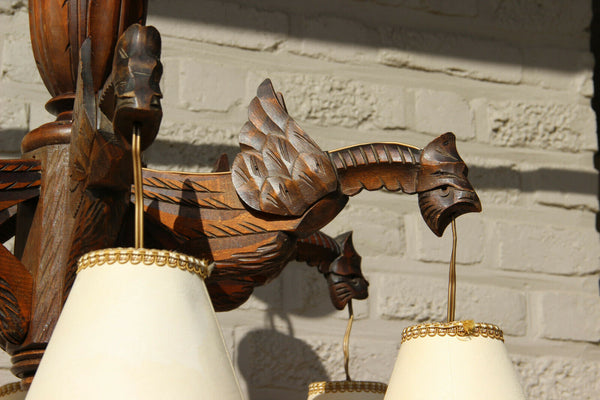 Antique french black forest wood carved gothic castle dragon chandelier