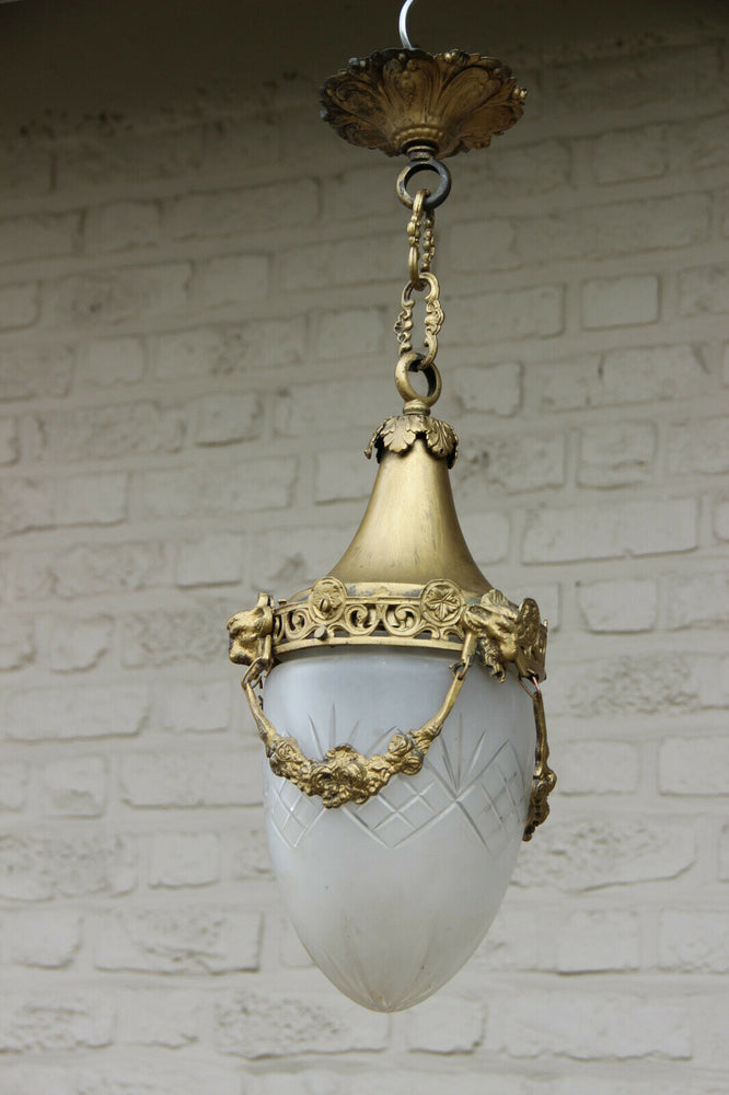 Antique brass crystal glass Val saint lambert shade Ram heads lantern chandelier