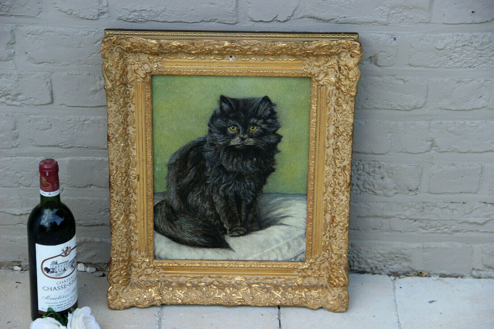 Gorgeous Flemish Oil panel painting of kitten cat portrait signed