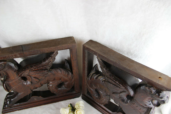 PAIR XL antique black forest wood carved Chimaera Griffin mythological figurine