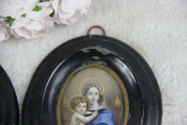 PAIR antique 1900 Miniature portrait holy family jesus mary joseph religious