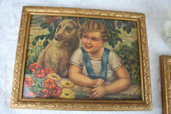 PAIR 1900 Antique VICTORIAN Chromo Print GIRL with dog framed