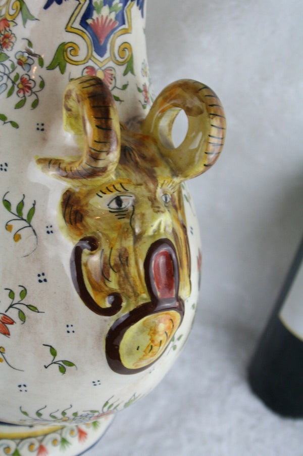 Antique French Rouen Flask 19thc marked floral Satyr devil heads faience