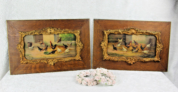 PAIR antique 19thc French oil panel painting chicken rooster farm louis XVI