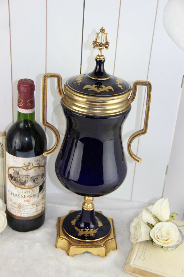 French Limoges cobalt blue porcelain marked Lidded Vase romantic victorian scene