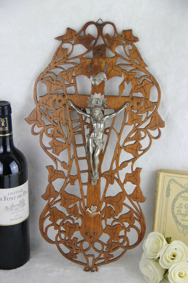 Rare vtg French wood carved crucifix christ cross 1960's religious