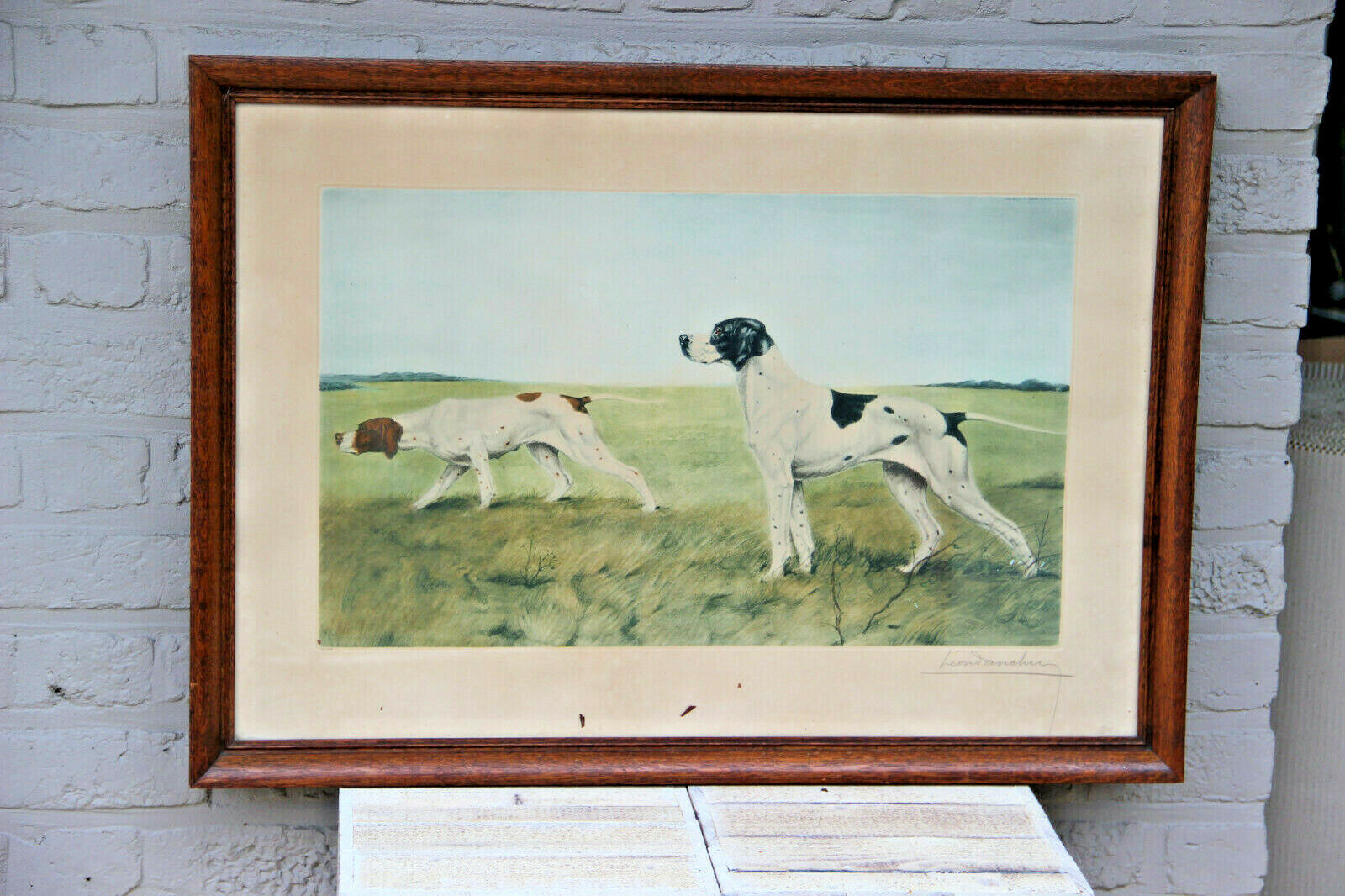 LEON DANCHIN Coloured signed Engraving framed hunting dog setters field