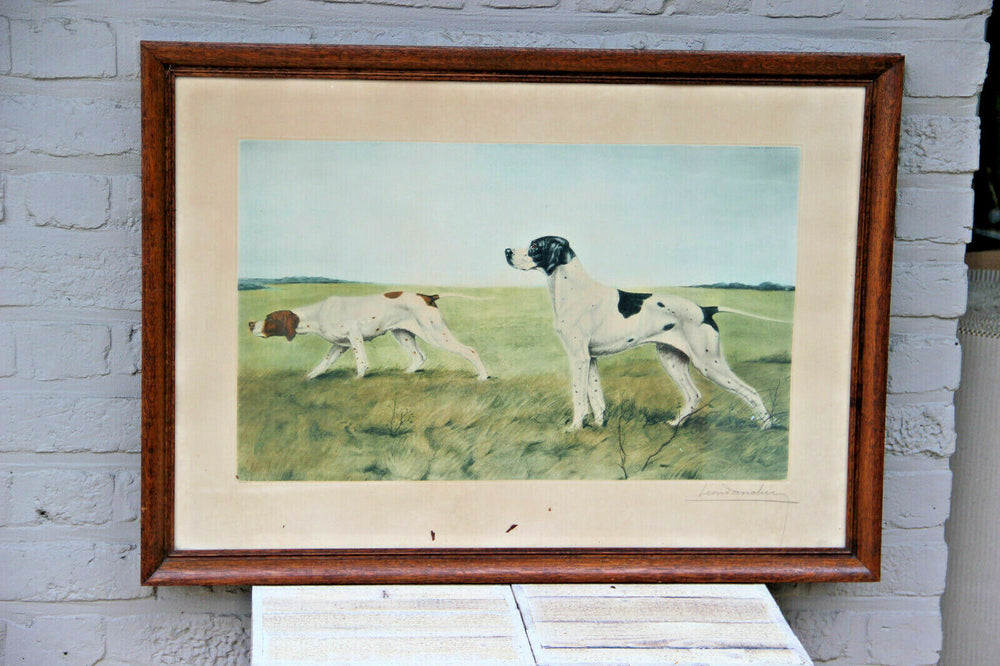 LEON DANCHIN Coloured signed Engraving framed hunting dog setters field