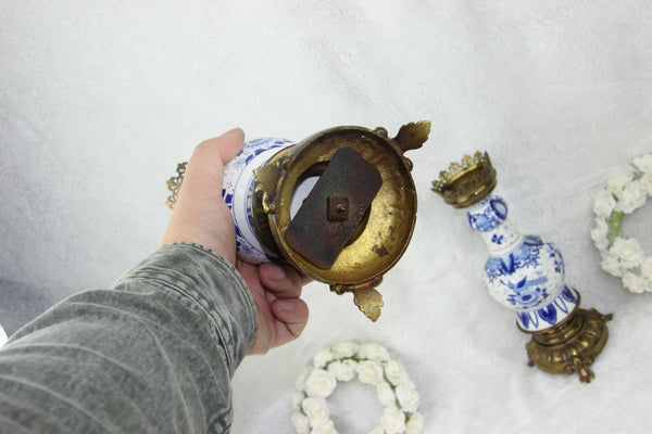 PAIR antique BOCH Pottery Delft blue white birds floral decor Vase candle holder