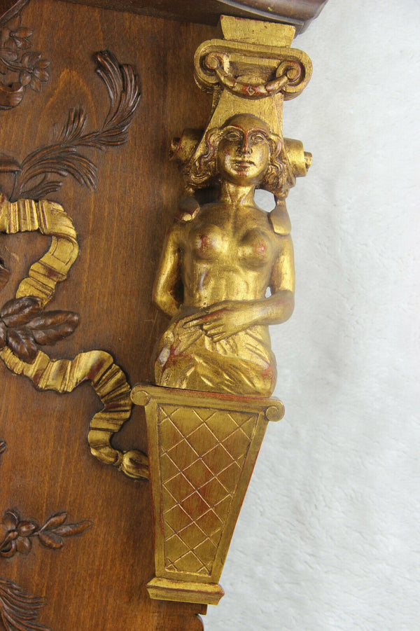 XL Antique French wood carved Caryatid figurine wall console plaque relief rare