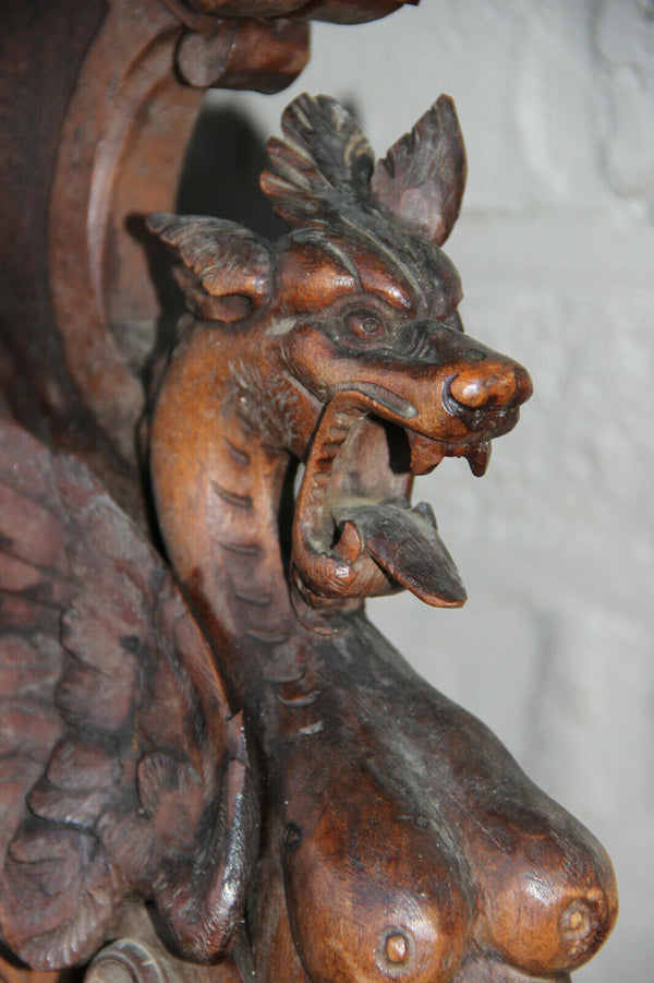 Antique Black forest wood carved dragon Griffin gothic castle clock rare