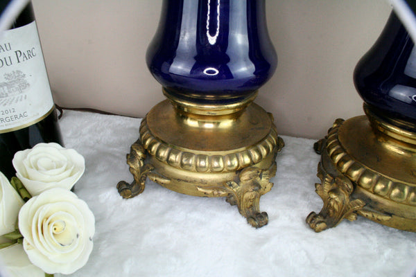 Antique French blue Faience satyr devil heads Vases mounted lamps 1900