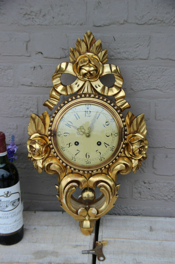 Mid-Century Swedish Gilt Carved Wood Wall Clock  Westerstrand, 1960s