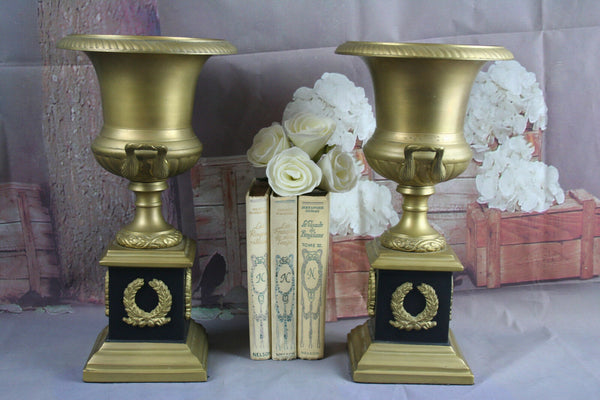 PAIR Impressive Empire design Brass Medici Vases / urns 1930's gold coloured