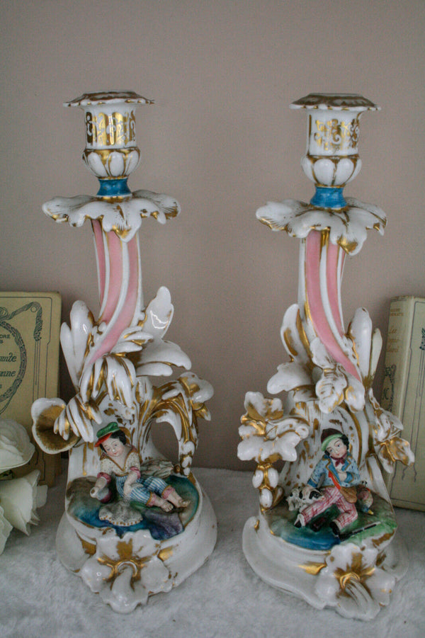 Antique Pair  French  porcelain hunt dog vases candle holder attr. jacob petit