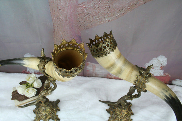 PAIR antique Cornucopia horn Gothic dragon chimaera with eagle on top rare