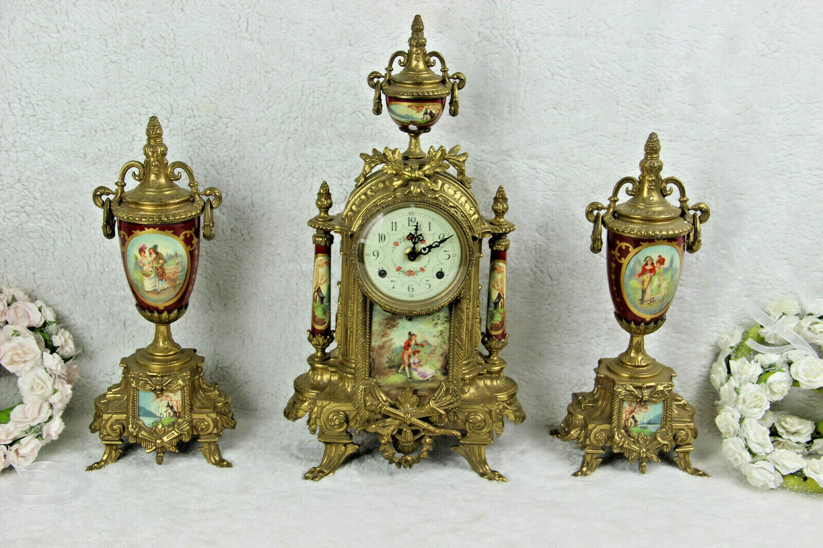 French porcelain Burgundy red romantic victorian Clock set vases
