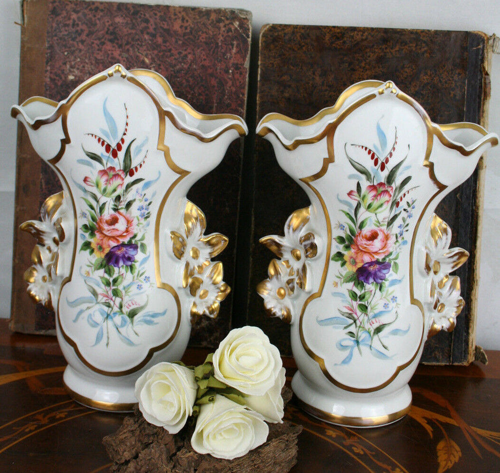 PAIR exclusive French Paris porcelain Cornet Vases 1900 floral