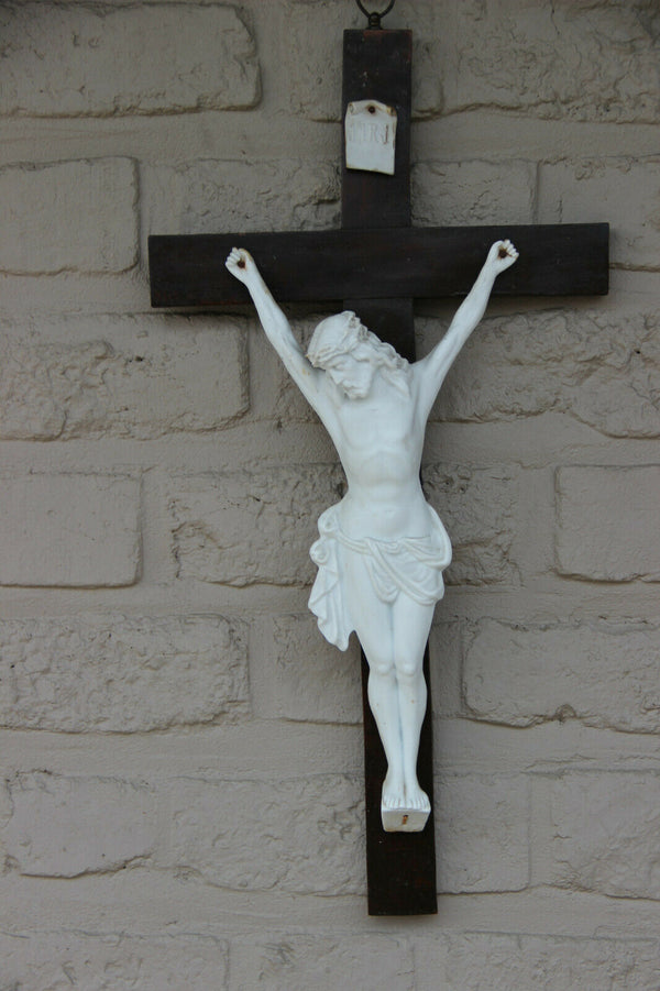 Antique french wood bisque porcelain christ crucifix religious