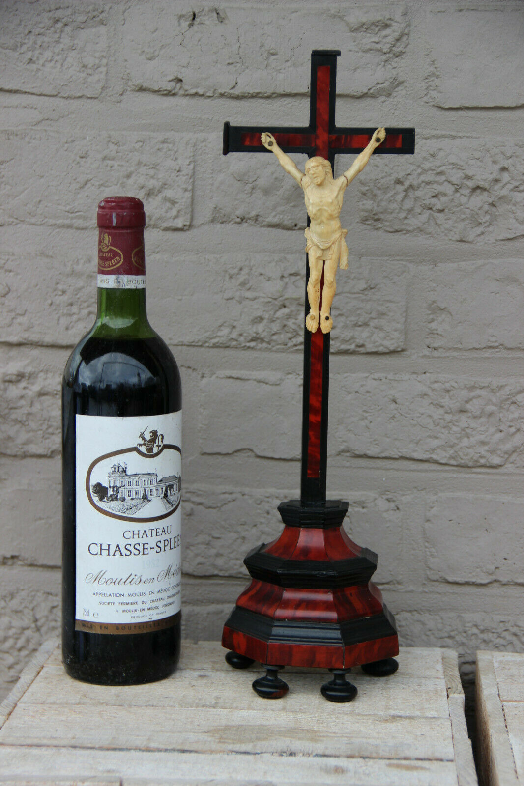 Antique 1880 French religious wood ebonized wood crucifix cross