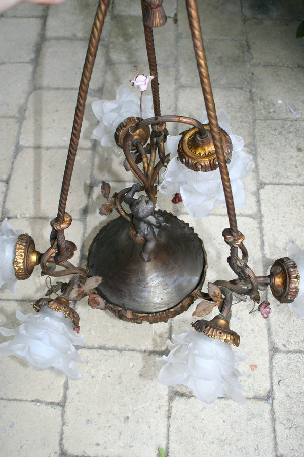 Antique French Empire style Bronze Brass tole putti angel Chandelier porcelain