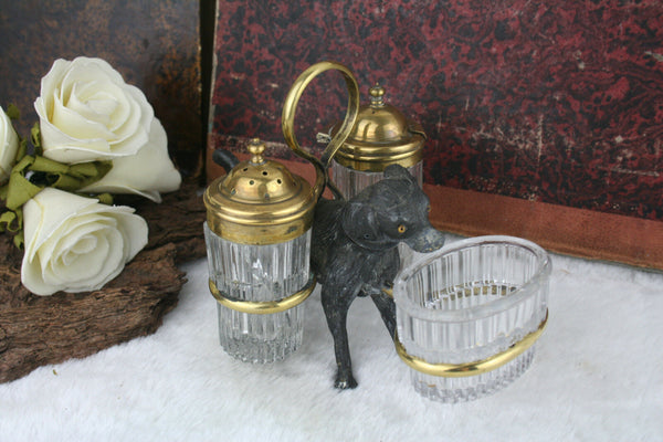 Unusual Antique French Spelter dog salt pepper shaker mustard set rare 1920