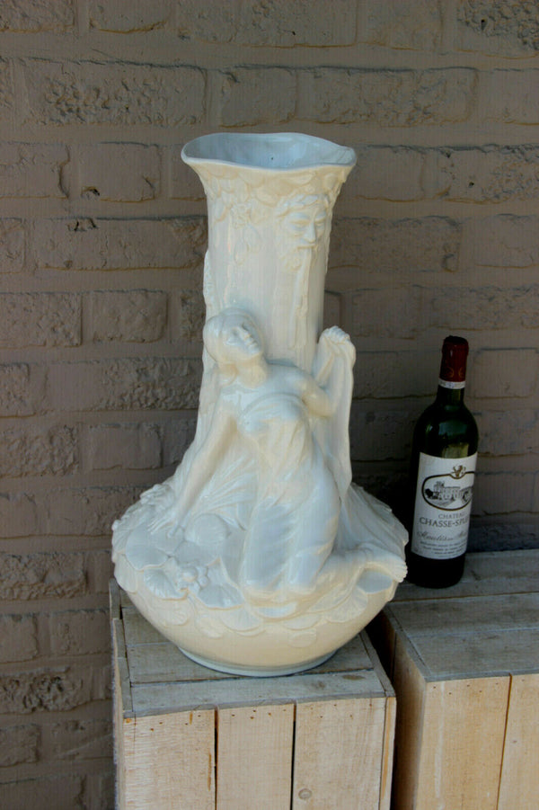MAjestical French art nouveau porcelain white Lady nymph Satyr head floral Vase