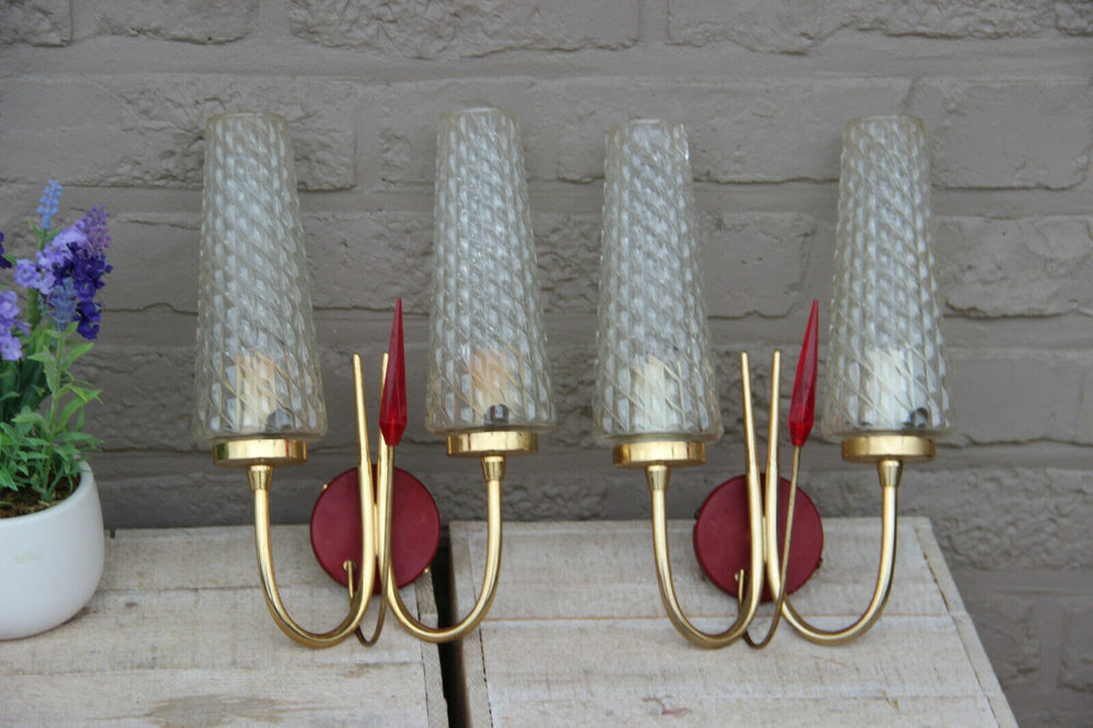 PAIR mid century Retro 1950 Maison LUNEL Wall lights sconces glass shades