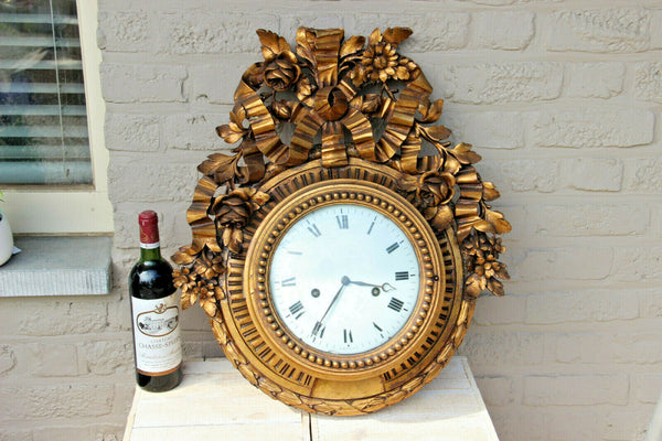 HUGE Antique black forest  Wood carved Wall clock Floral decor rare