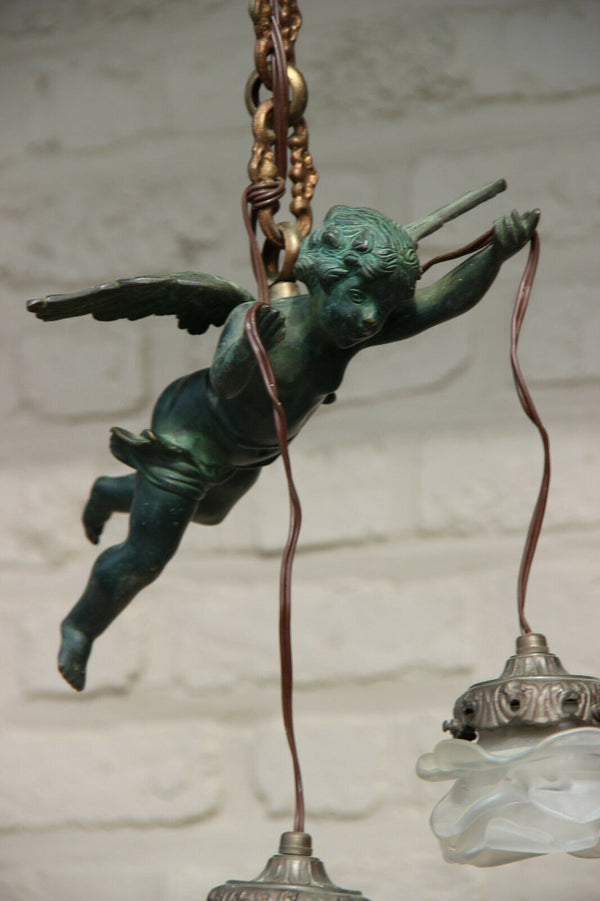 Antique French Bronze green patina putti angel chandelier pendant tulip glass