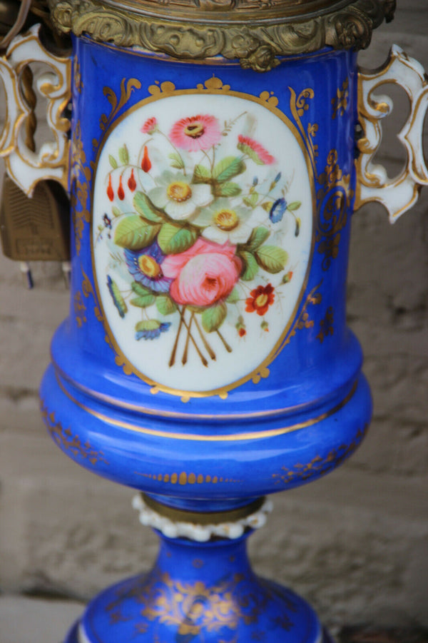 Huge PAIR French antique oil lamp Vieux paris porcelain portrait floral decor