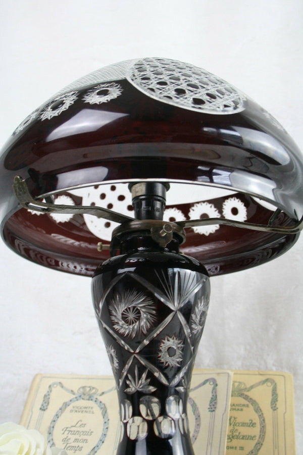 Rare Bohemian brown Cut clear glass crystal mushroom lamp 50's