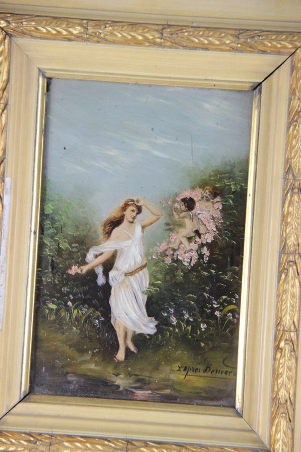 PAIR French romantic putti oil panel painting romantic scene