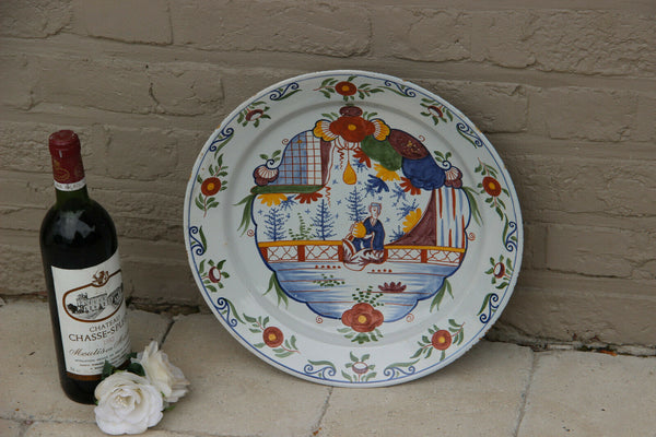 LARGE Antique Dutch Delft 19thc polychrome pottery wall Plate Chinoiserie decor